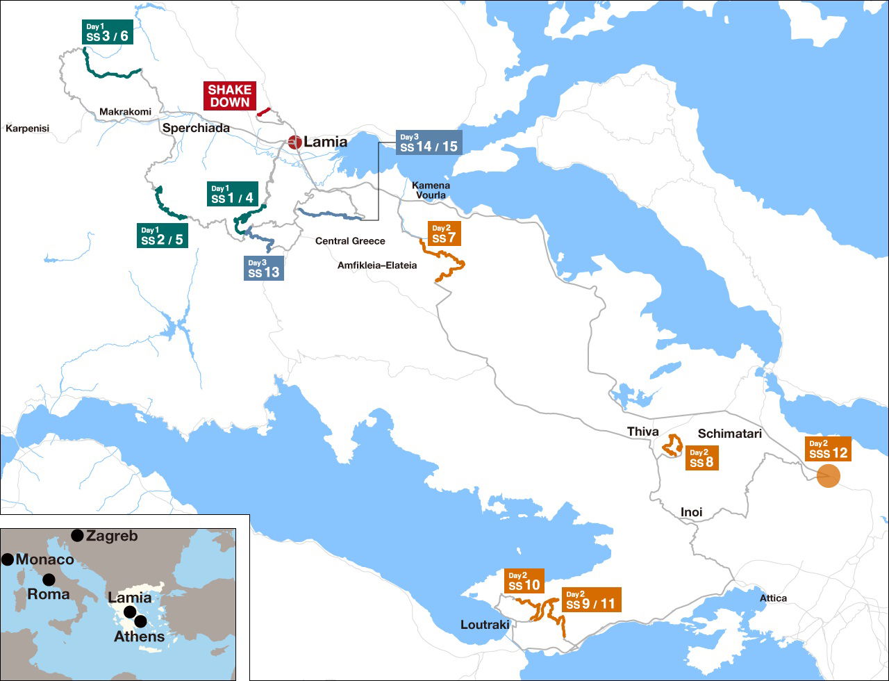 Mapa del itinerario del Rally Acrópolis 2024, una prueba del WRC