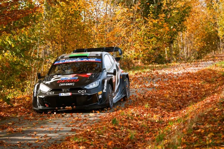 Toyota Yaris WRC en plena acción por tramos otoñales