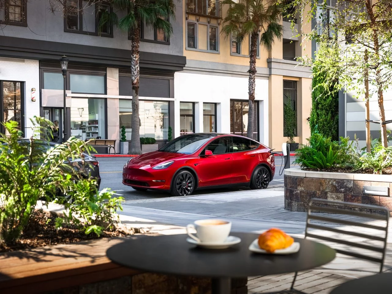 Vista lateral del Tesla Model Y, mostrando su diseño aerodinámico y línea de techo elegante.