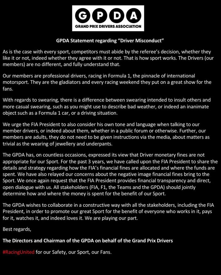 La GPDA muestra su desacuerdo con las políticas de sanciones de la FIA.