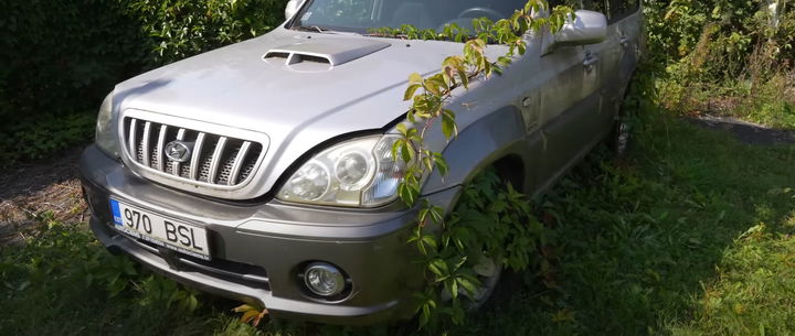 El Hyundai Terracan luce cubierto de vegetación tras años de abandono.