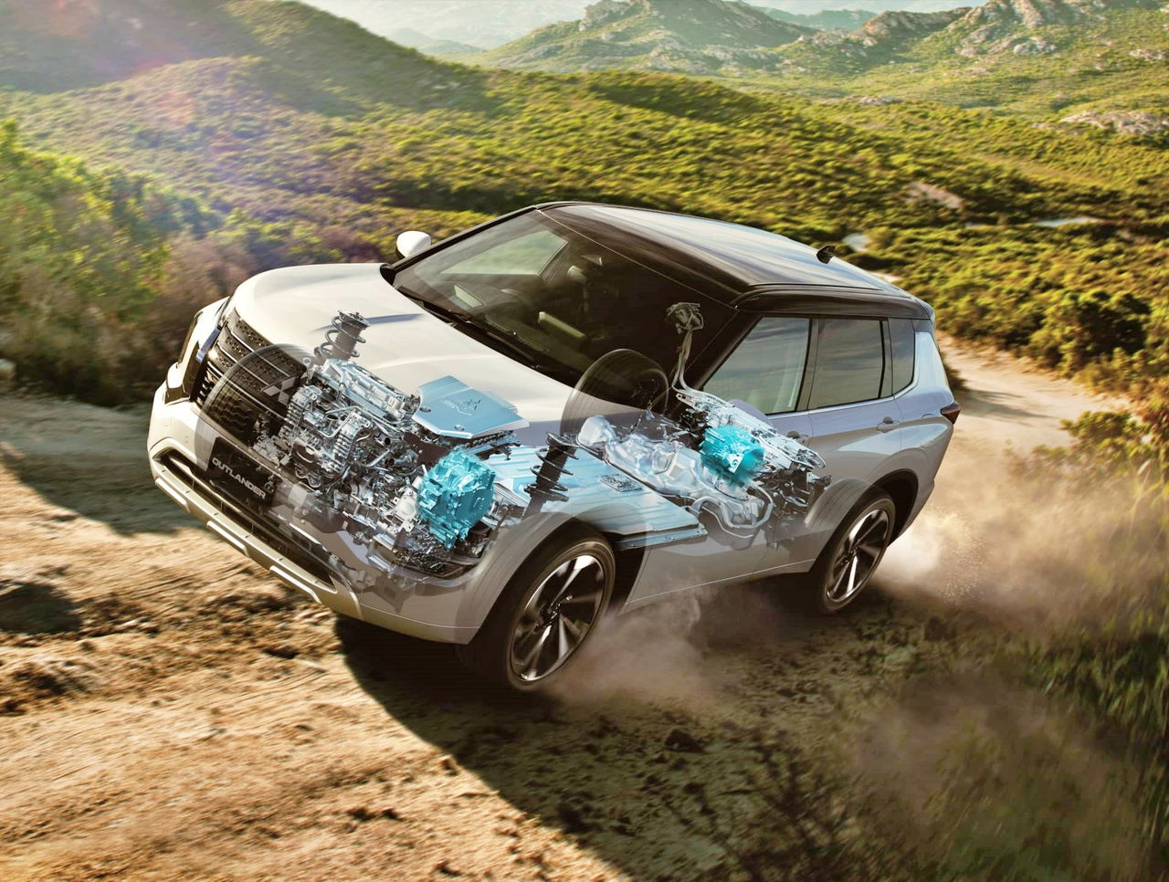 El Mitsubishi Outlander PHEV muestra su capacidad off-road en un entorno natural.