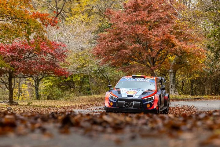 Vehículo de rally en entorno natural característico de Japón.