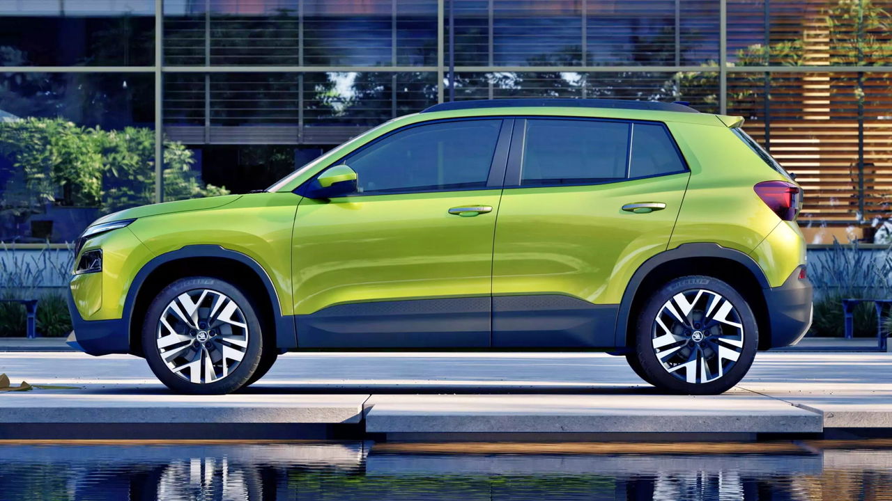 El Skoda Kylaq presenta un diseño fresco y moderno en su lateral, ideal para un SUV funcional.