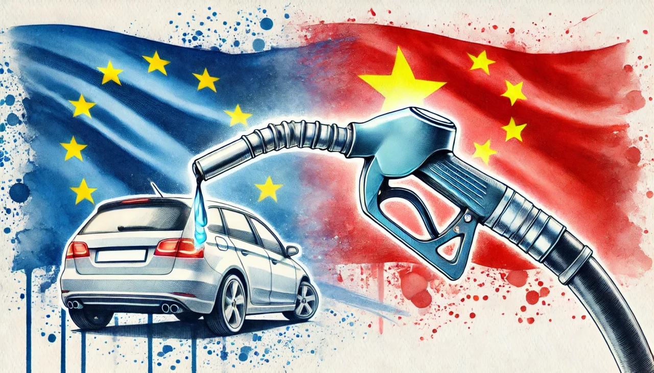 Ilustración sobre la disputa entre Europa y China respecto a los coches eléctricos y contaminantes.