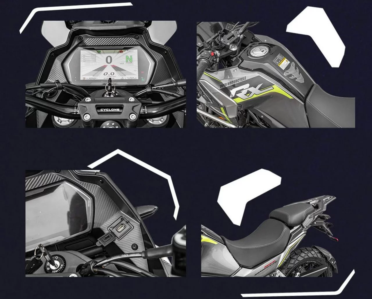 Panel de instrumentos y detalles ergonómicos de la Cyclone RX48.