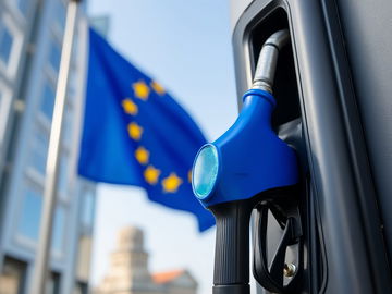 Surtidor de gasolina con bandera europea al fondo, marcando un regreso a la gasolina en Europa.