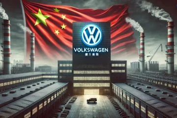 Volkswagen en China, con su imponente bandera y fábricas al fondo.