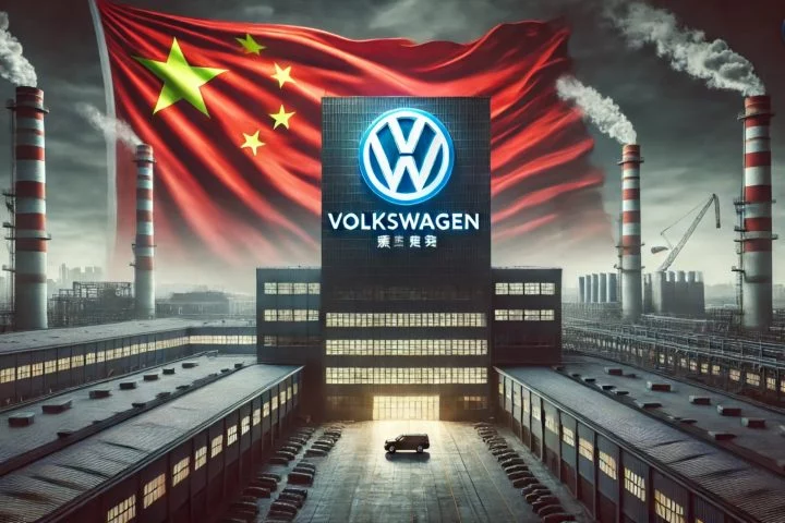 Volkswagen en China, con su imponente bandera y fábricas al fondo.