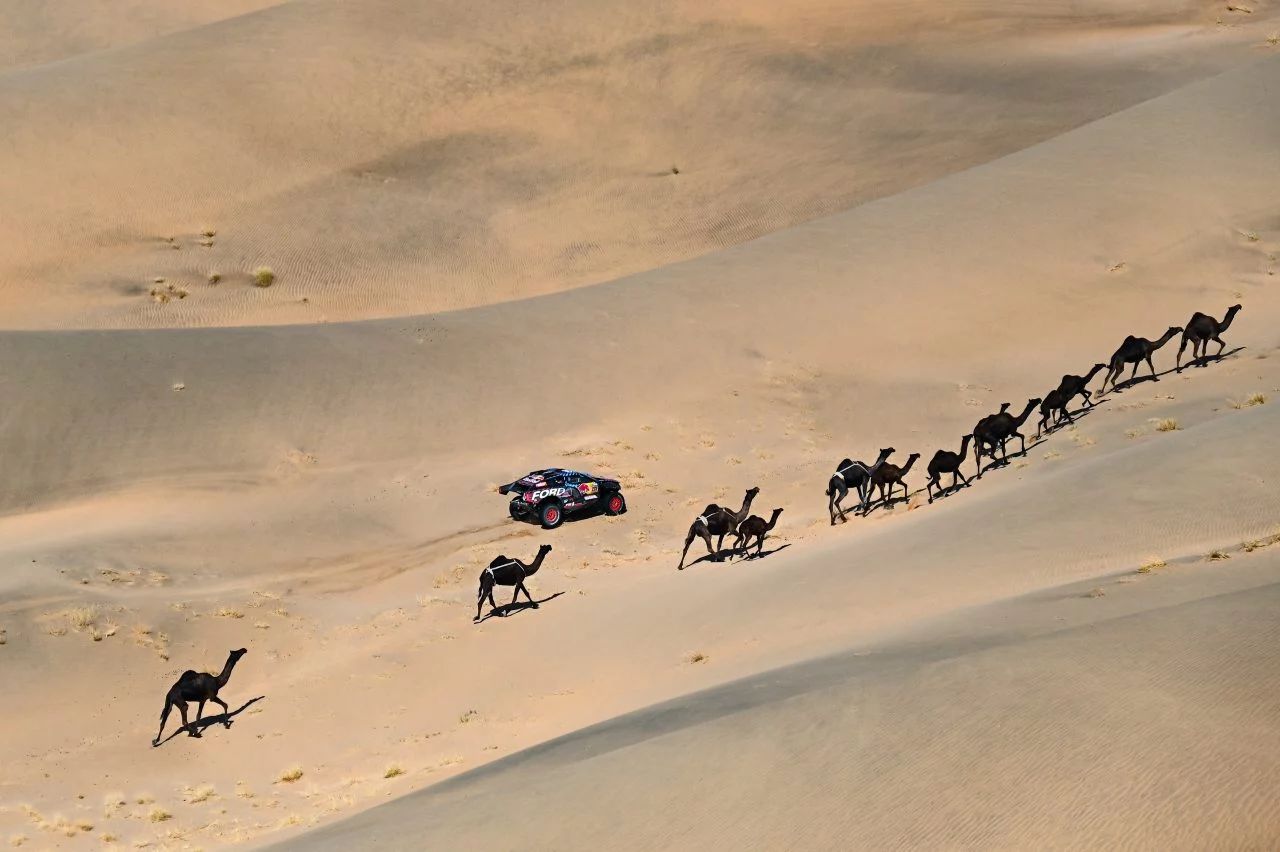 El coche atraviesa un paisaje desértico, mimetizándose con la arena y los camellos.