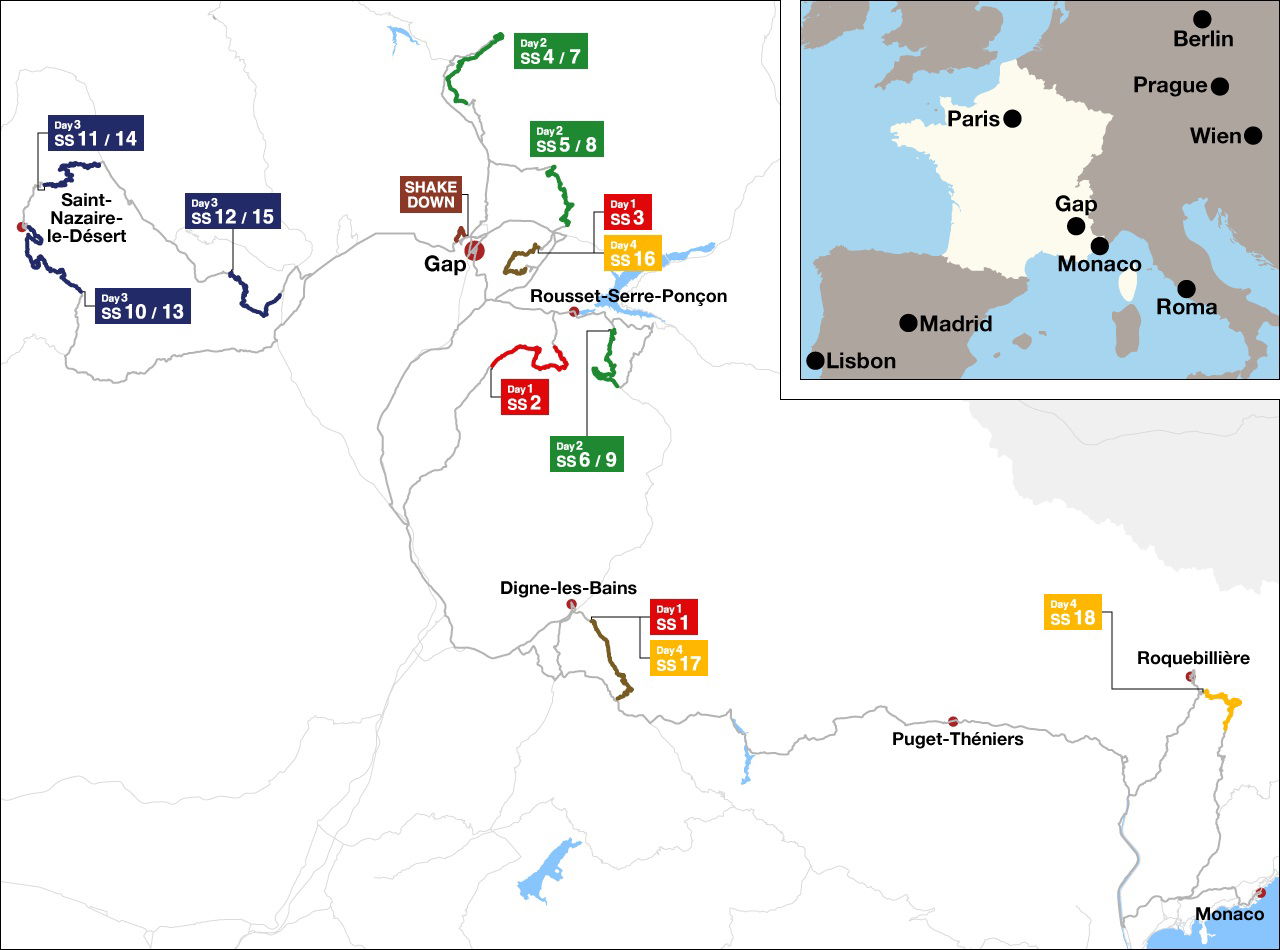 Mapa del recorrido del Rally Monte-Carlo 2025, destacando las etapas clave.