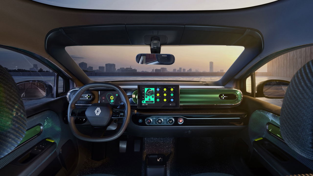 Vista del interior moderno del Renault Twingo, con tecnología avanzada y diseño renovado.