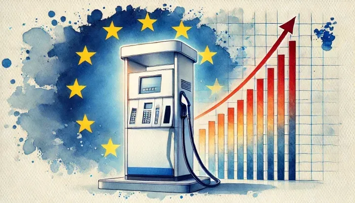 La imagen ilustra el impacto del impuesto del diésel en la Unión Europea, con una gasolinera y un gráfico ascendente.