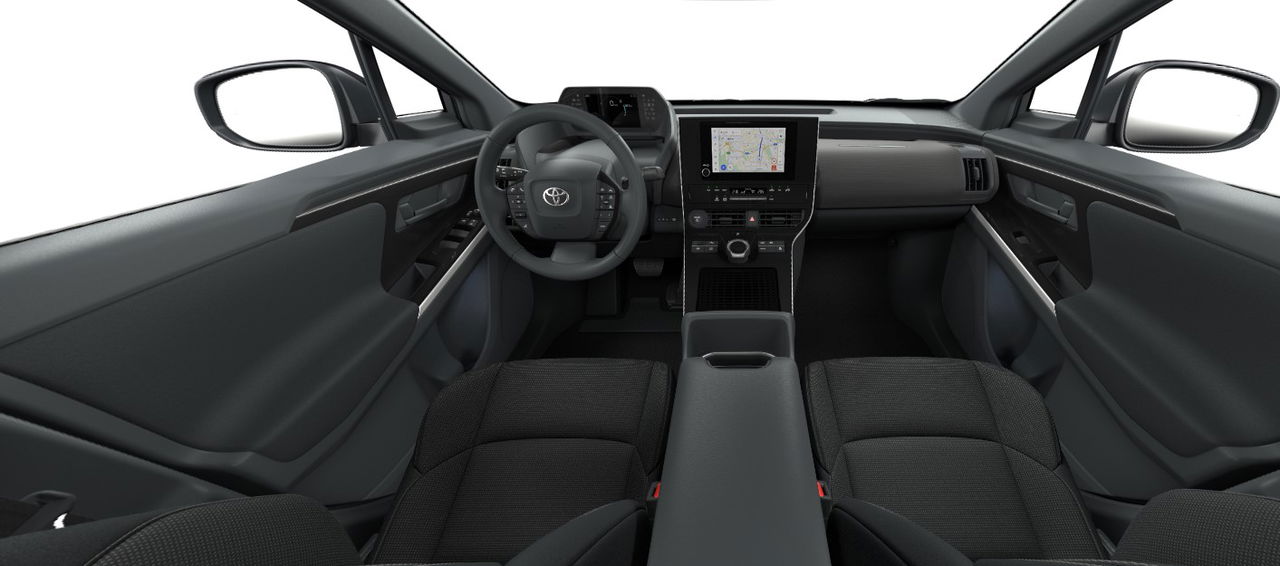 Interiores modernos y minimalistas con amplios asientos en este SUV eléctrico de Toyota.