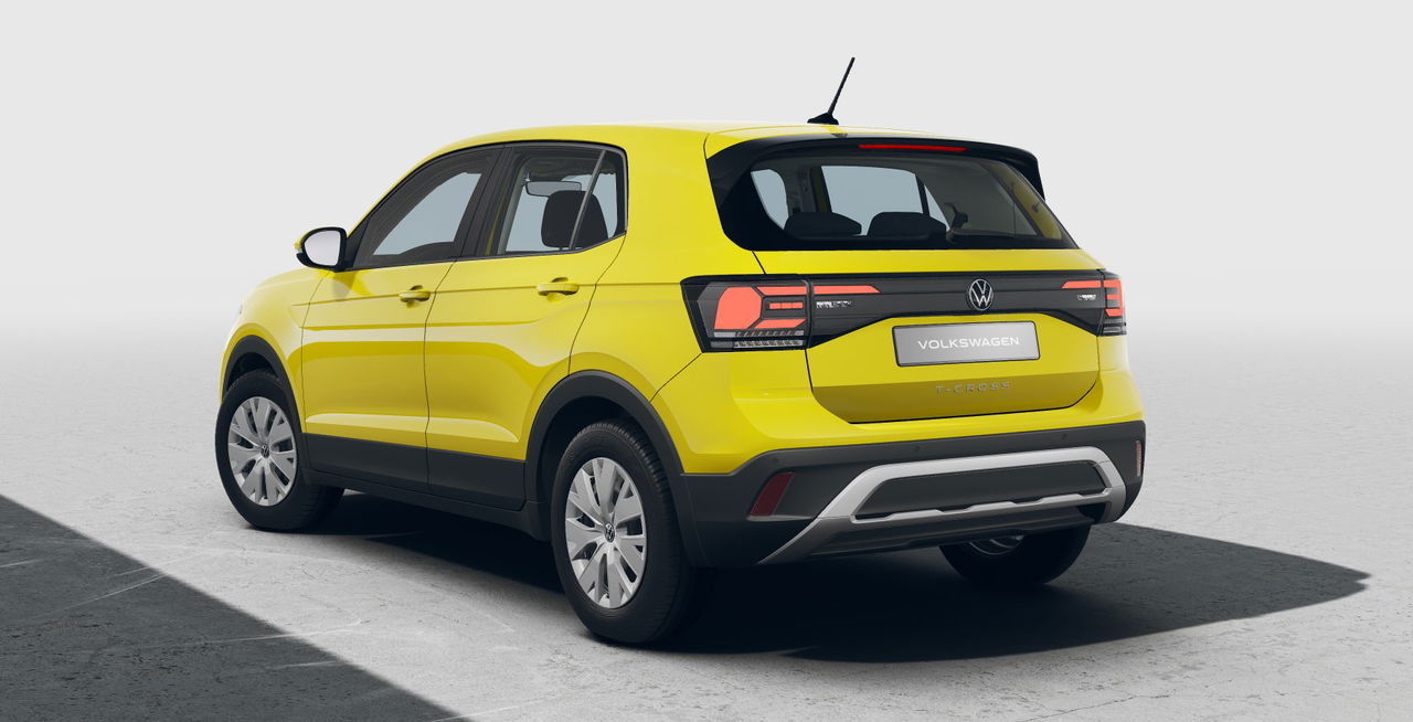 Vista lateral y trasera del VW T-Cross, un crossover compacto que destaca por su diseño moderno.