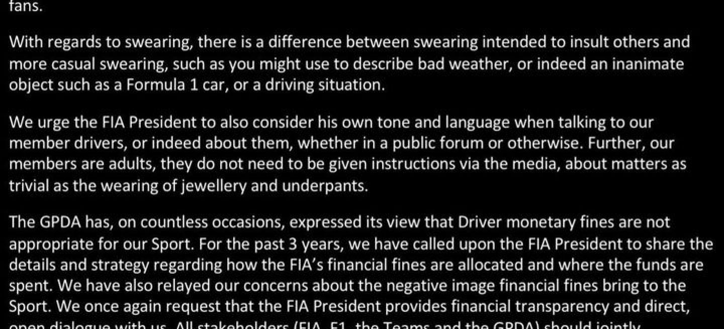 La GPDA muestra su desacuerdo con las políticas de sanciones de la FIA.