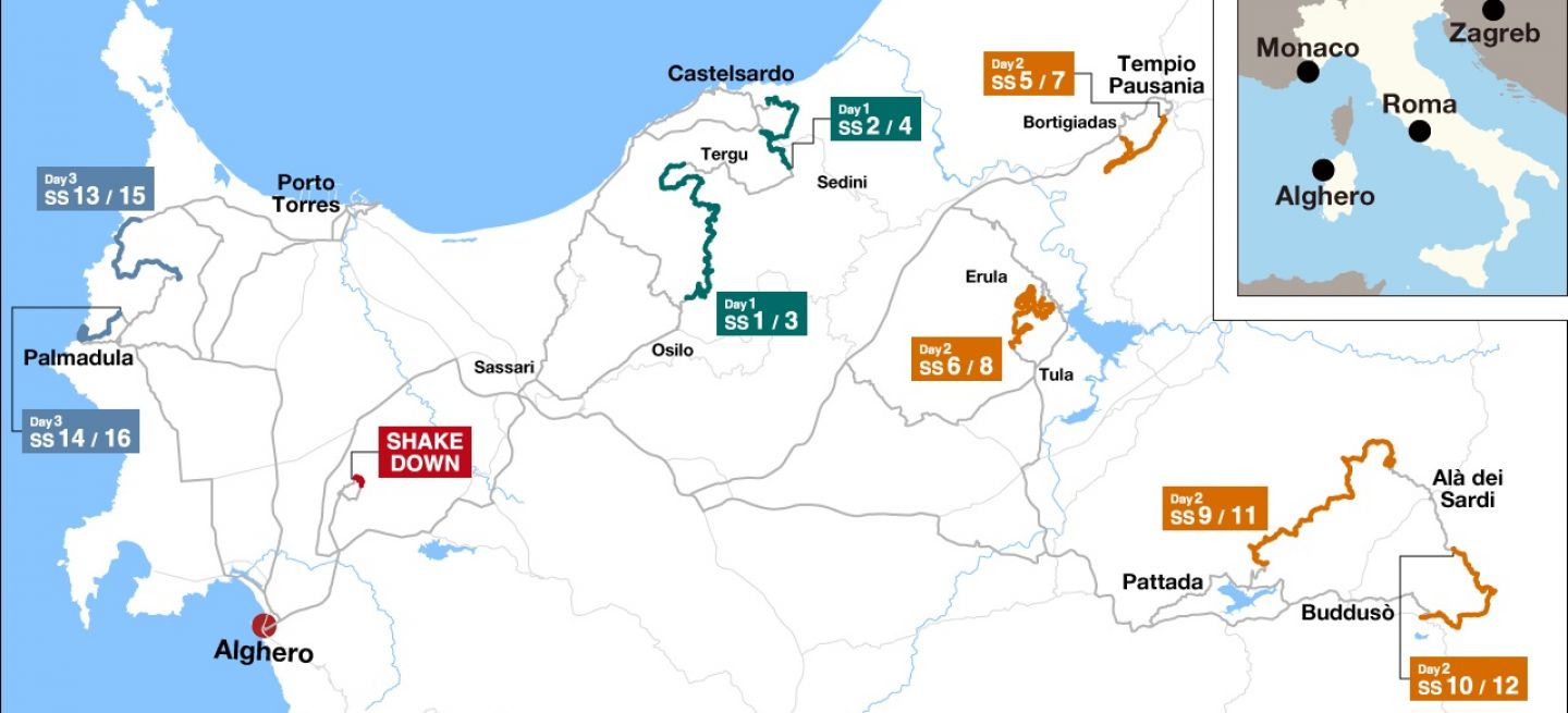 Mapa del recorrido del Rally de Italia-Cerdeña 2024, una prueba esencial del WRC.