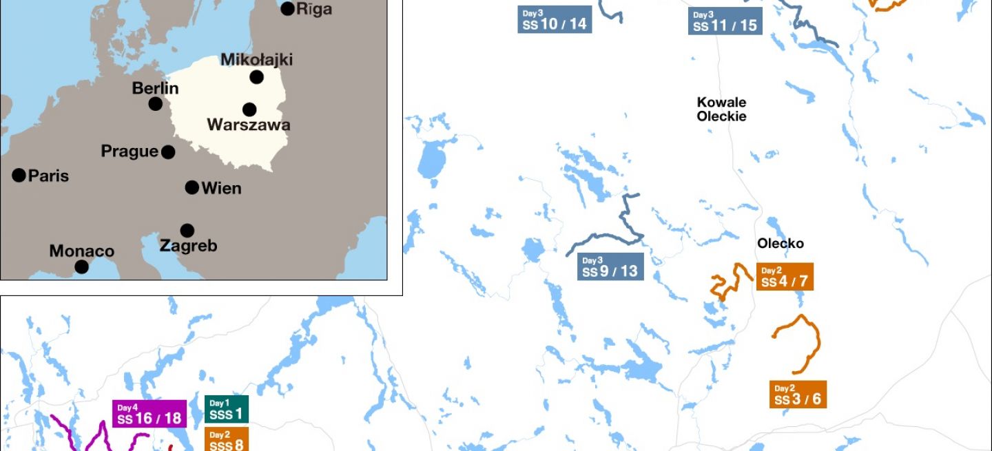 Mapa de etapas del Rally de Polonia 2024, mostrando recorrido y sectores.